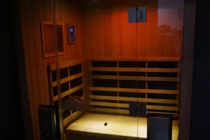 A sauna, which is dimly light.