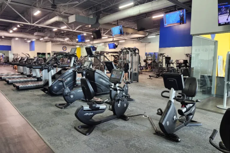Various exercise equipment at a gym: exercise bikes, treadmills, bench, and a power cage.