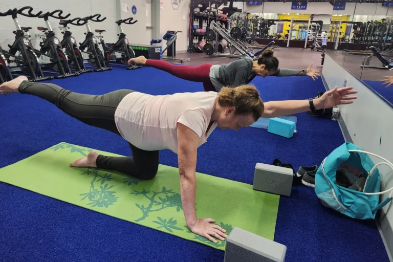 Two women doing the bird-dog yoga pose at a gym.