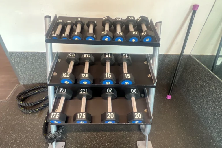 Three tier dumbbell rack with different hexagonal dumbbells on it.