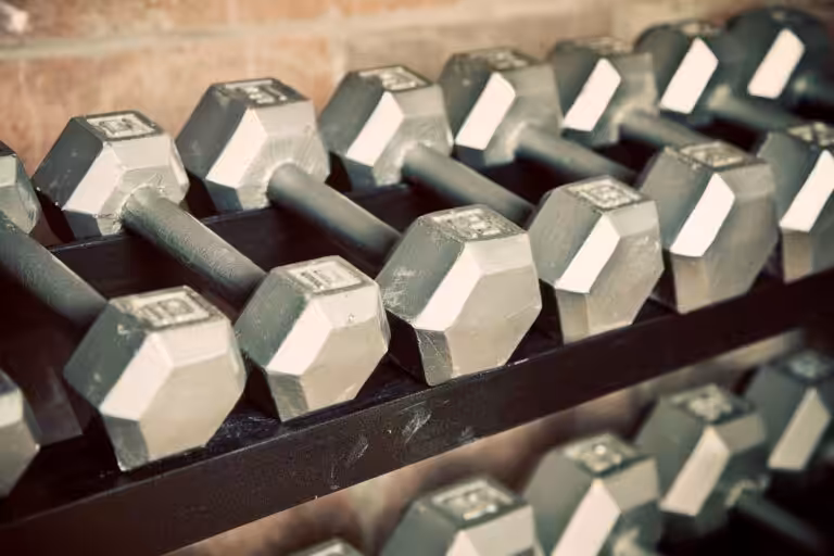 A close up of dumbbell rack.