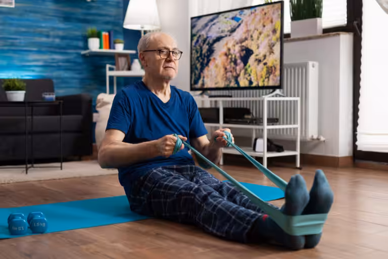 An elderly man in a blue shirt uses a resistance band, sits on a yoga mat, with dumbbells nearby and a TV in the background.