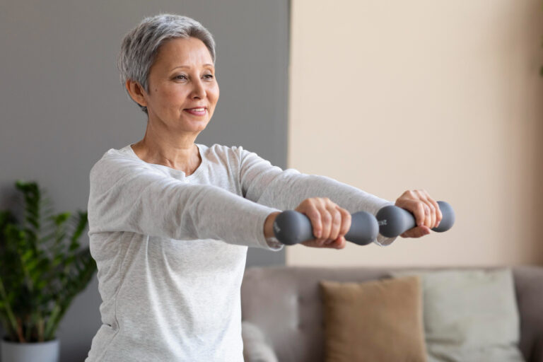 A senior woman performs an exercise with dumbbells, extending her arms forward with a smile, wearing a light gray shirt.