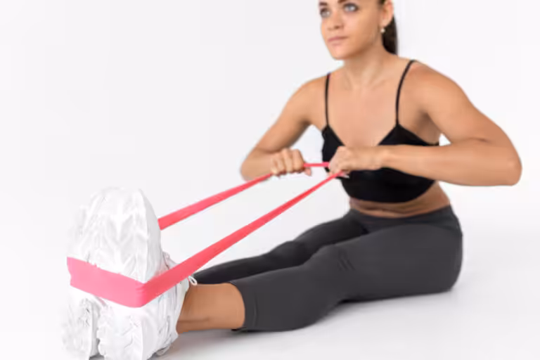 A seated woman in black sportswear pulls a pink resistance band, that's attached to her feet.