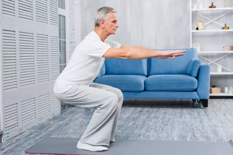 Elderly man in white activewear doing a squat on a gray yoga mat in a living room with a blue couch.
