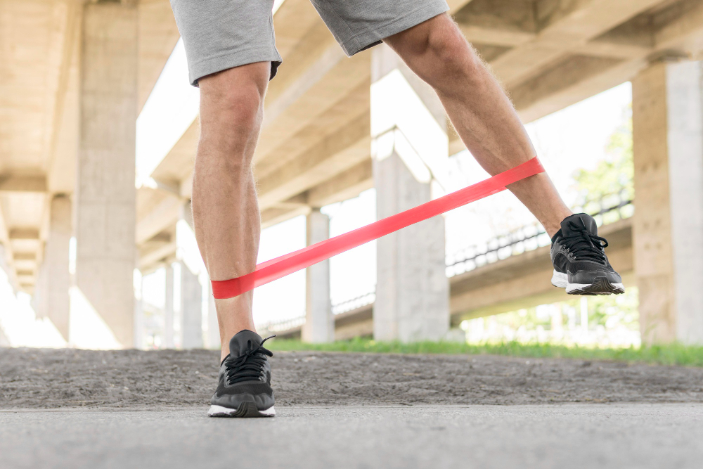 Closeup of man's legs wearing gray shorts and black sneakers performing a leg exercise with a red resistance band. under an overpass.