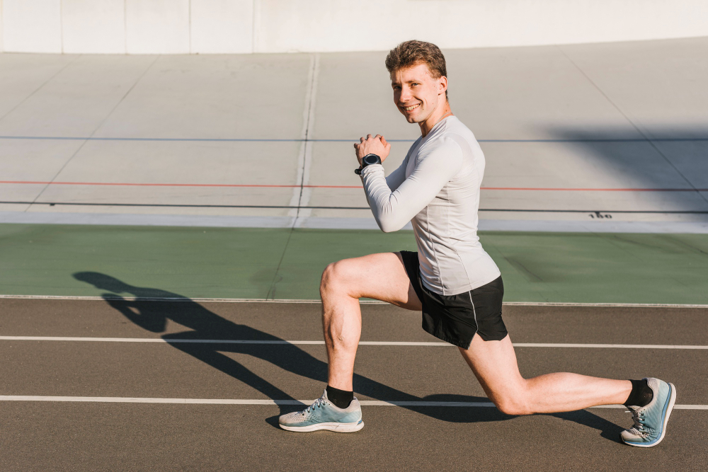 A smiling man in a gray shirt and black shorts performs a lunge on an outdoor track.