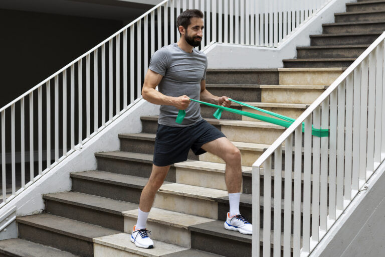 Man in a gray shirt and black shorts uses a green resistance band while exercising on outdoor stairs.