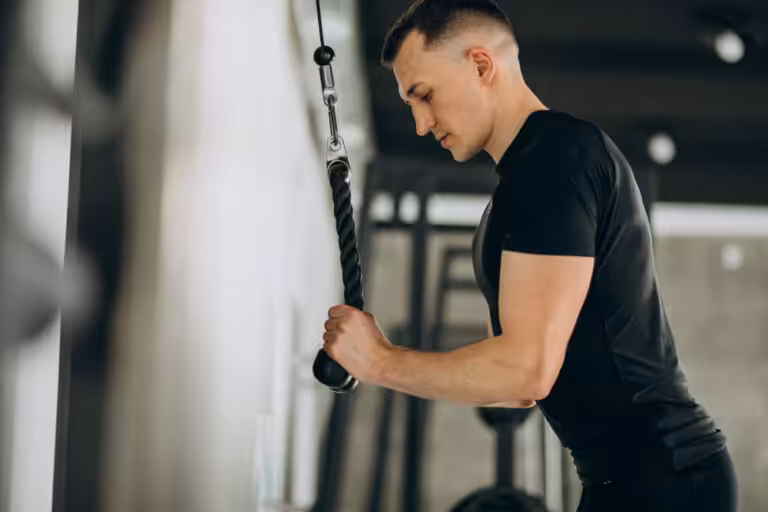 A man in a black shirt does triceps pushdowns on a cable machine.