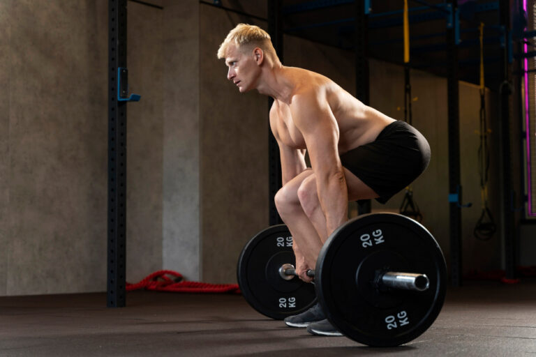Muscular blonde man in black shorts performing deadlift with 20 kg weight plates in industrial gym with concrete floors.