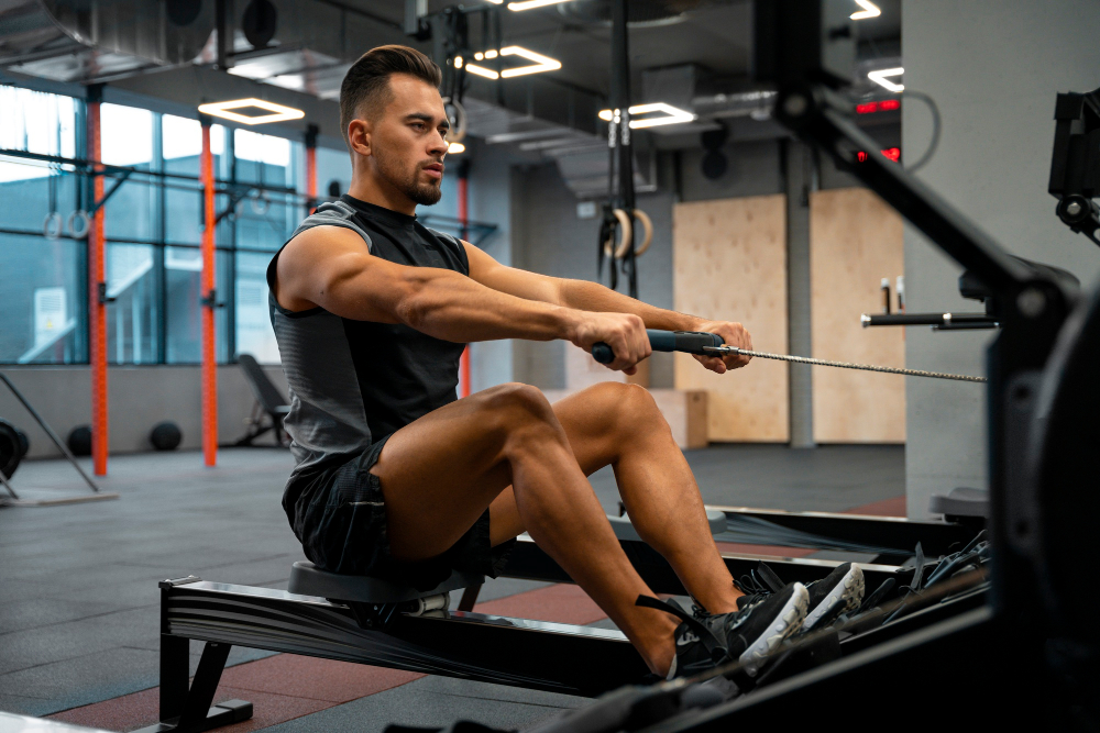 Muscular man in black tank top performing seated cable row exercise on black gym equipment in modern fitness center.