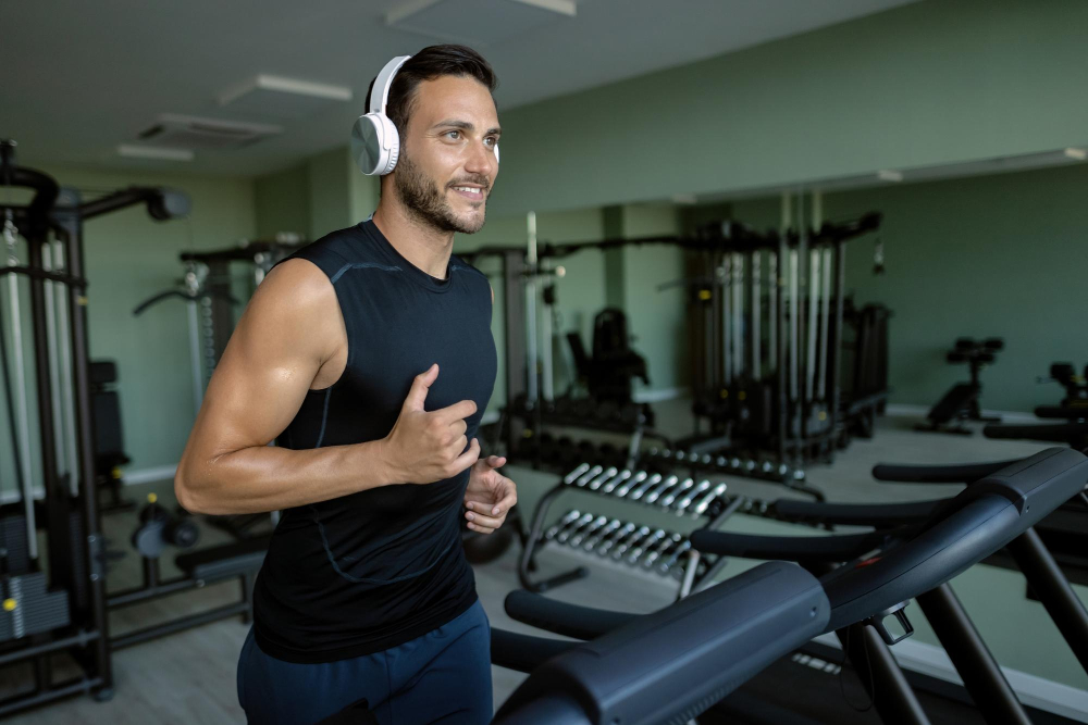 Smiling bearded man in black tank top and white headphones running on treadmill in gym with green walls.