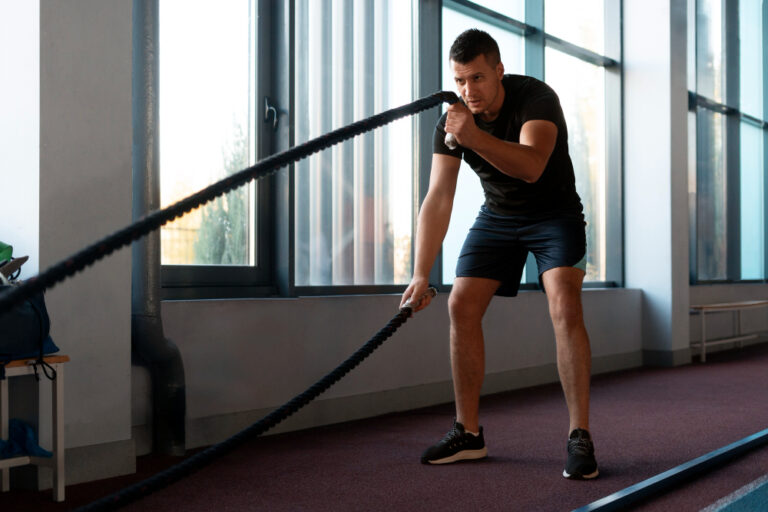 Man in black shirt and blue shorts performs battle rope exercise in bright gym with large windows and purple flooring.