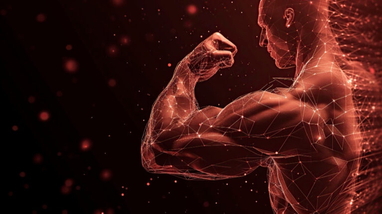 A glowing red digital wireframe of a muscular man flexing his bicep against a dark, shimmering background.