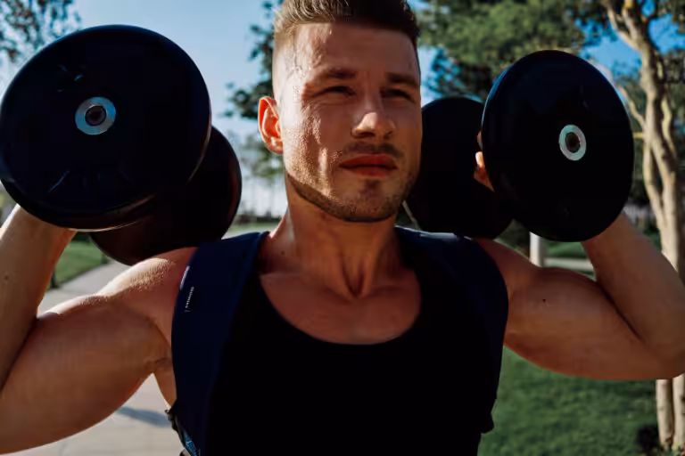Man lifting weights outdoors, focusing on exercise.