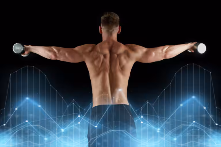 Man lifting dumbbells with digital data overlay