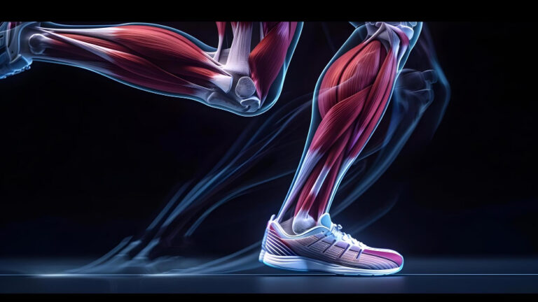 Muscular anatomy of legs running in sneakers