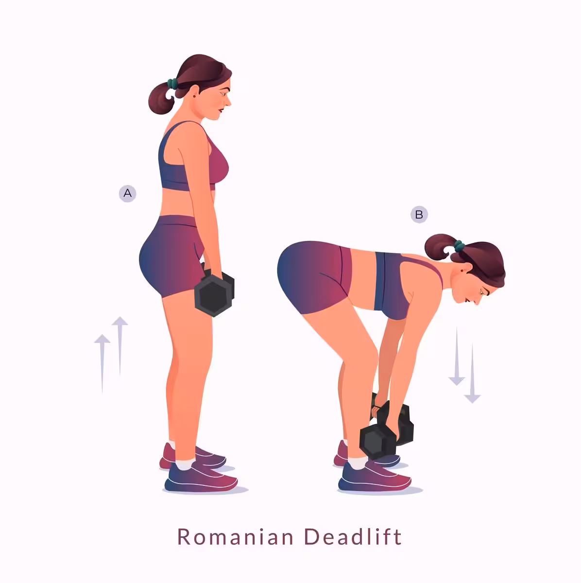 Woman demonstrating Romanian deadlift with dumbbells