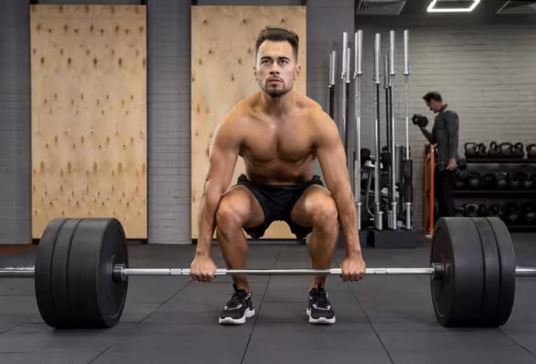 Muscular man performing heavy barbell deadlift in gym