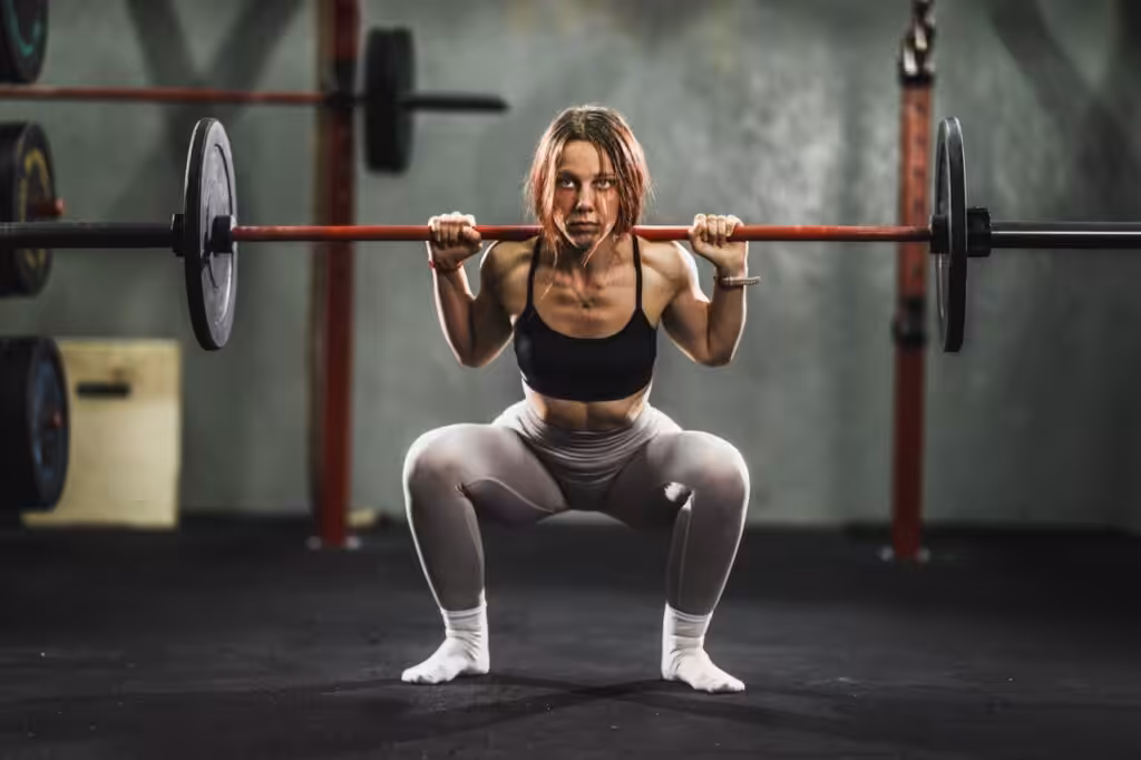 Woman performing barbell back squat in gym