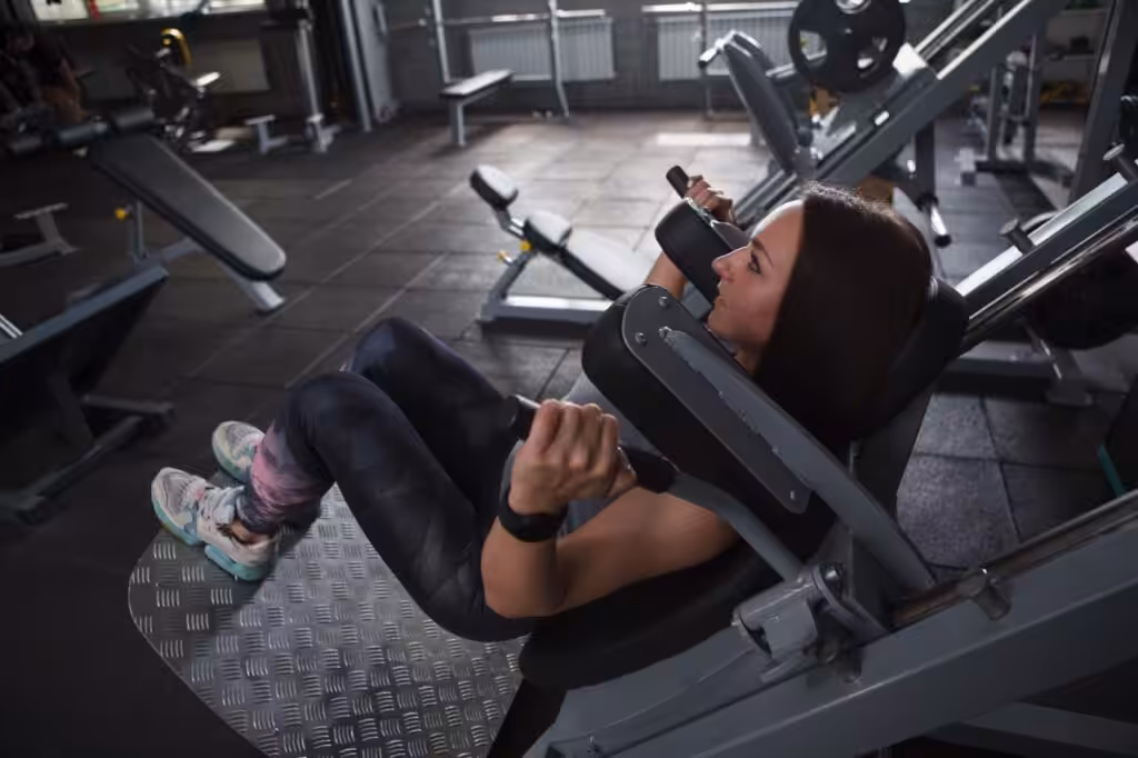 Woman using leg press machine at gym