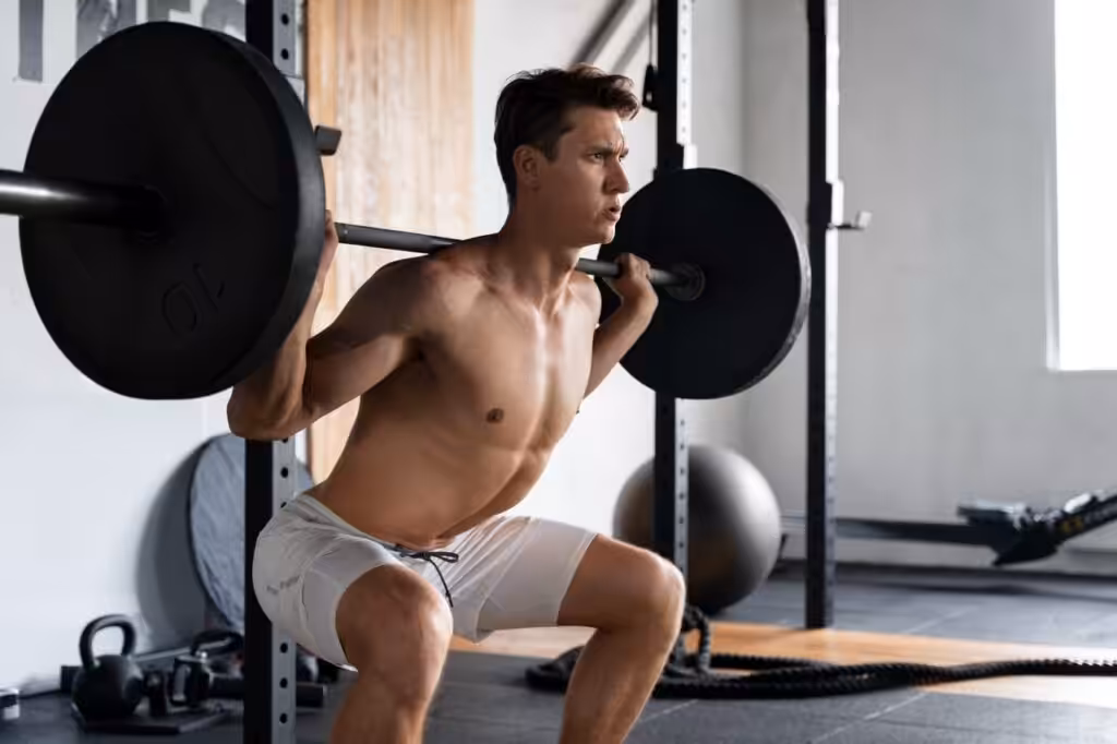 Man performing barbell back squat in gym
