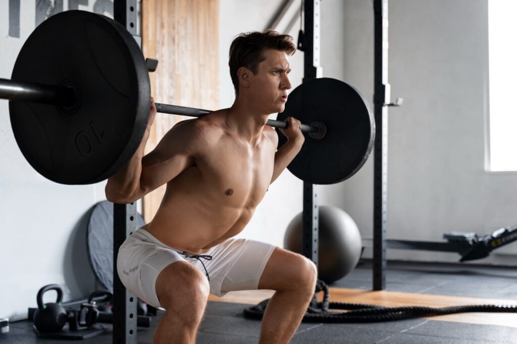 Man performing barbell back squat in gym